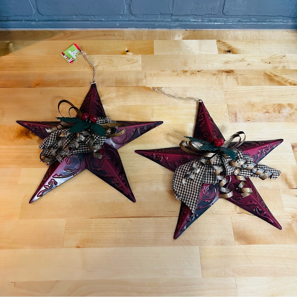 2 Extra Large NWT Holiday Market 8” Metal Star Ornaments Maroon
